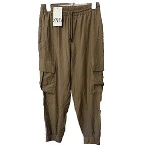 New Zara Parachute Cargo Pants Women Medium Tan Jogger